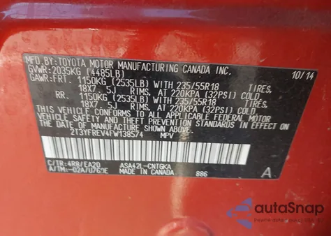 2015 Toyota Rav4 Limited from USA, damaged, VIN 2T3YFREV4FW138574